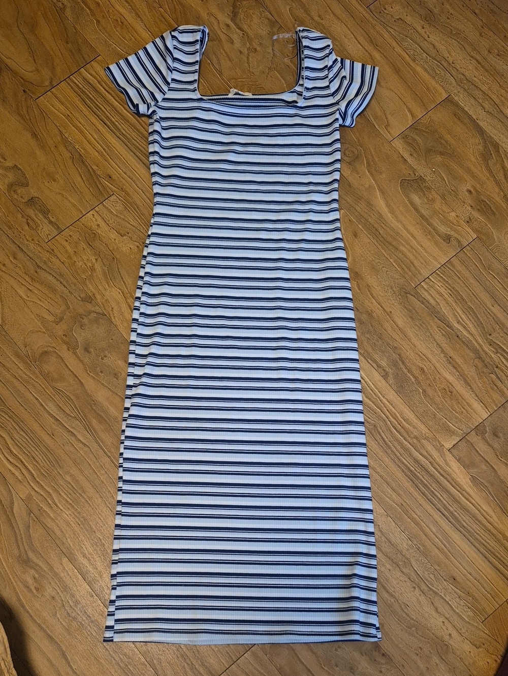 Square-Neck Striped Midi Dress in Light Blue and Navy
